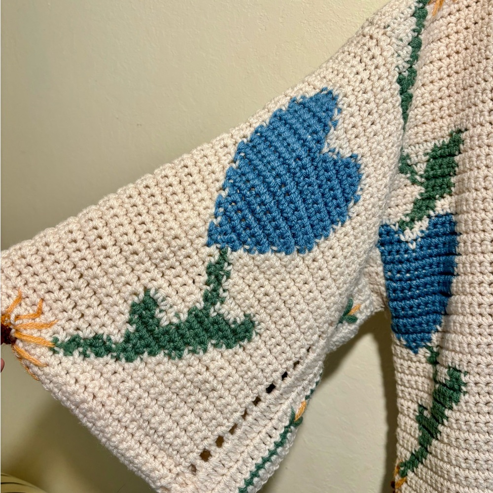 Handmade Boho Granny Knit Blanket Hearts Flowers Blue, Yellow, Cream Cardigan - Picture 7 of 8